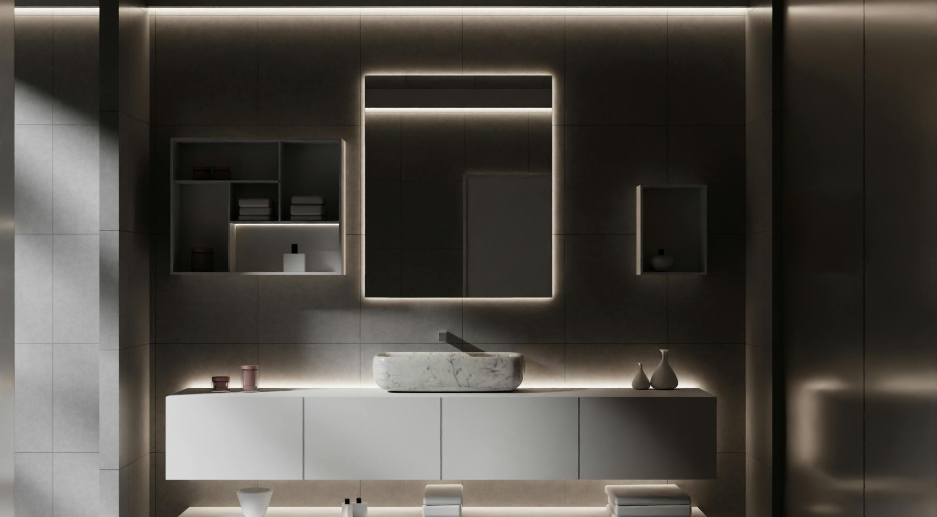 Sophisticated minimalist bathroom with sleek lighting and modern decor.